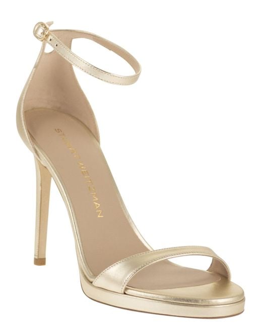 Stuart Weitzman Metallic Leather Platform Sandals With Stiletto Heel