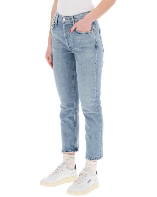 Jeans Cropped Dritti A Vita Alta Riley di Agolde in Blue