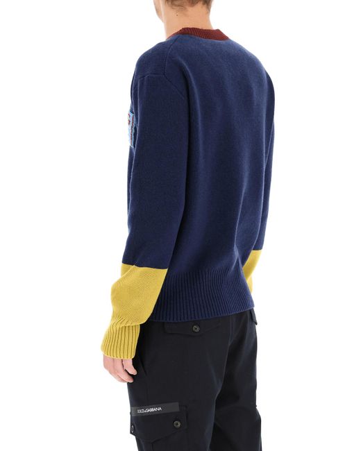 Suéter de lana con parche de logotipo Dolce & Gabbana de hombre de color Blue