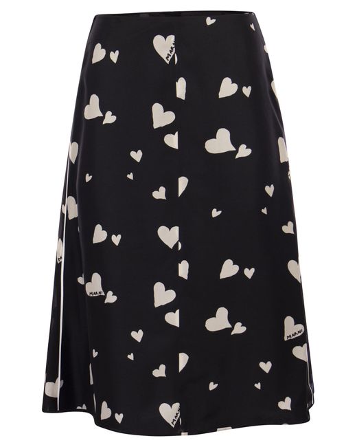 Marni Black Bunch Of Hearts Print Silk Flared Skirt