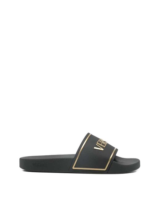 Versace White Slide Sandals With Embossed Logo