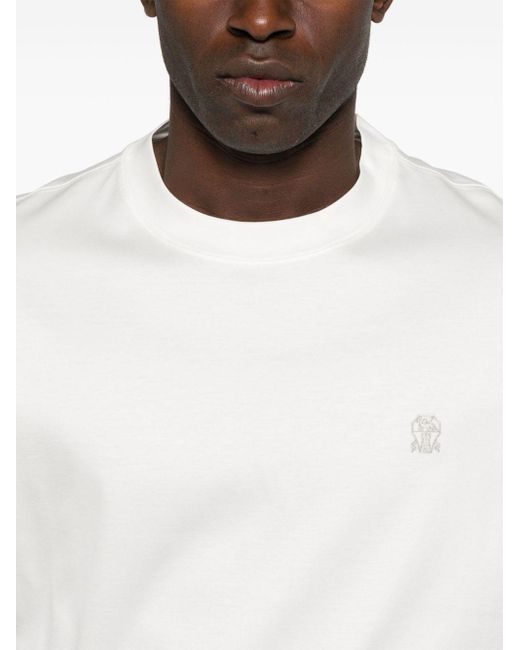 Brunello Cucinelli White Logo-Embroidered T-Shirt for men