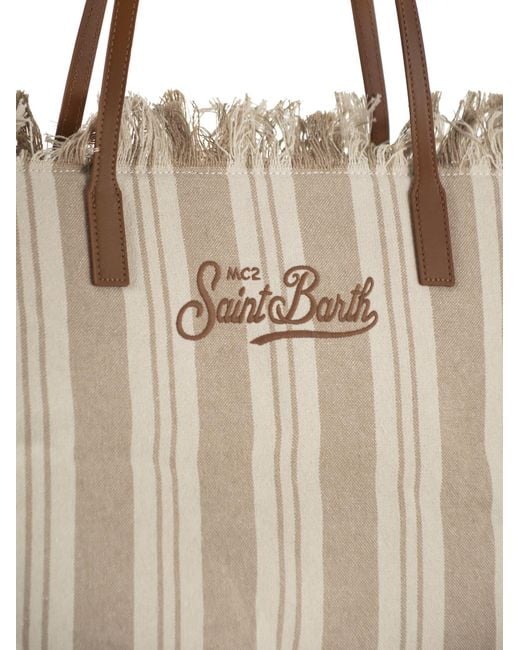 Mc2 Saint Barth Natural City Shopper Bag With Stripes And Embroidered Logo