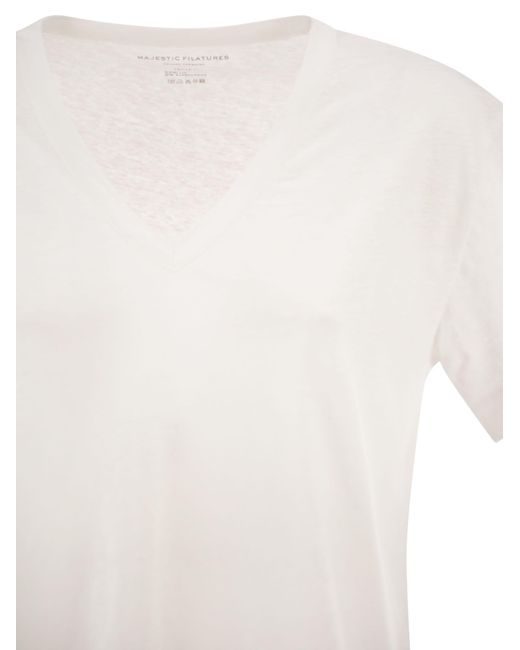 Majestic White Stretch Linen T Shirt With V Neck