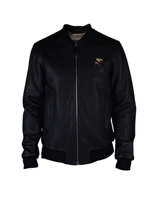Philipp Plein Black Leather Bomber Jacket With Crest