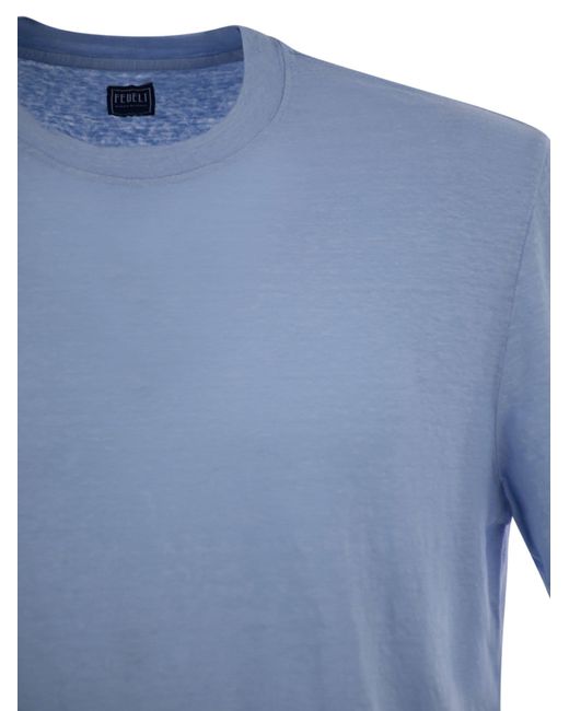 Fedeli Blue Stretch Linen Short-Sleeved T-Shirt for men