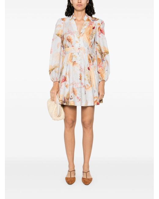 Zimmermann White Ascension Printed Leinen Mini Kleid