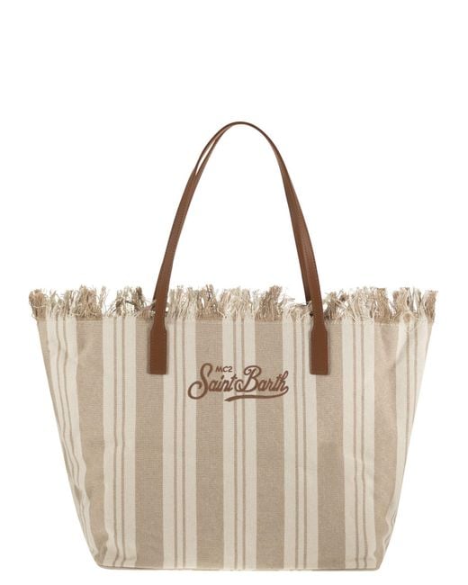 Mc2 Saint Barth Natural City Shopper Bag With Stripes And Embroidered Logo