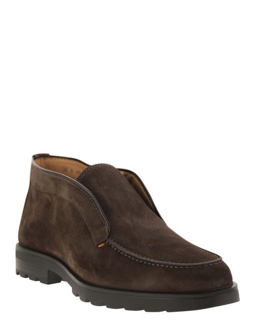Santoni Brown Suede Ankle Boot Without Laces for men