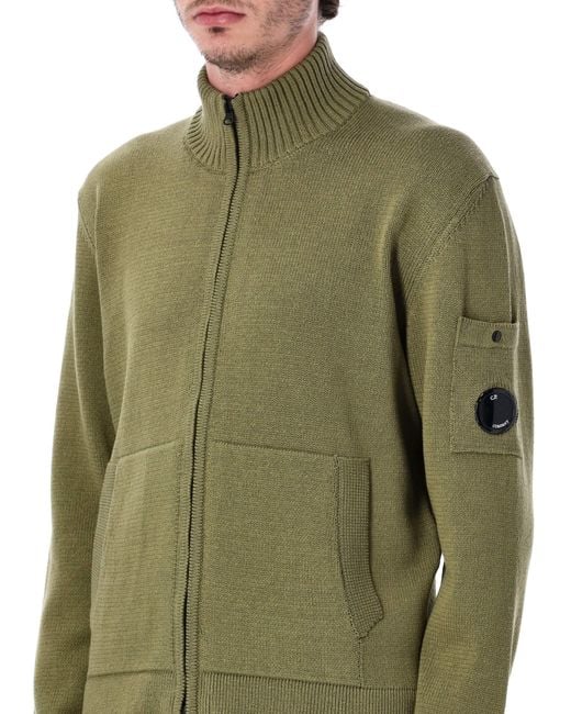 C P Company Green Compact Cotton Zip Cardigan Sweater