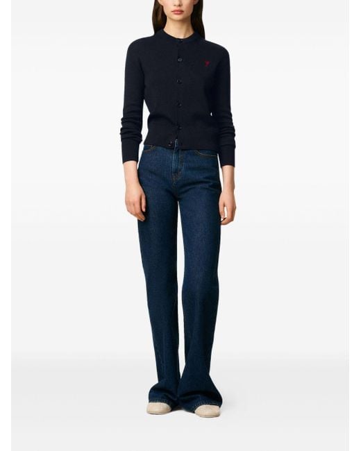 AMI Blue Cropped Wool Cardigan With Embroidered Heart Detail