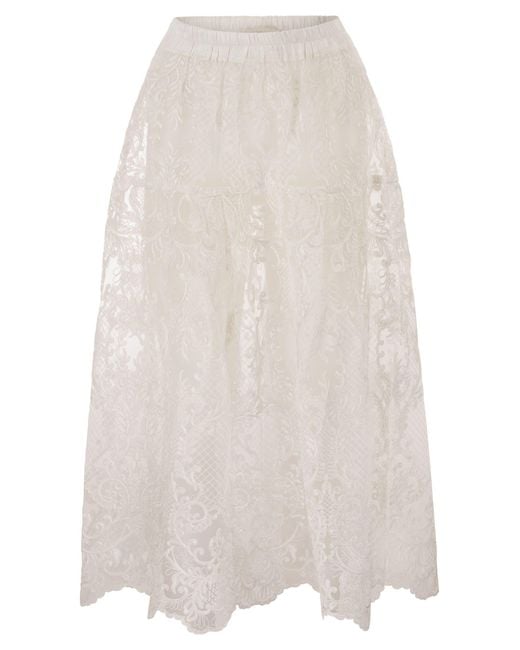 Maurizio Mykonos White Embroidered Lace Midi Skirt With Elasticated Waist
