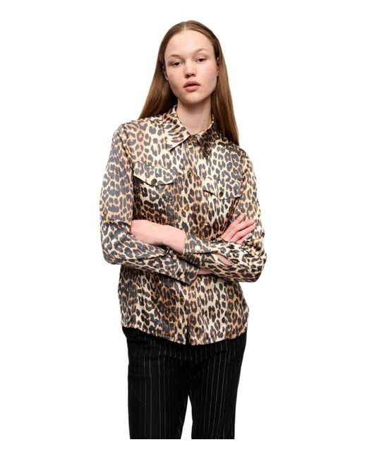 Ganni Natural Animal Print Satin Shirt for men