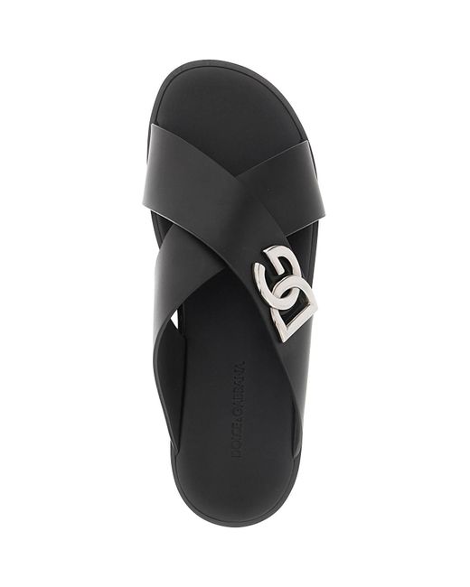 Dolce & Gabbana Black Leather Sandals With Dg Logo for men