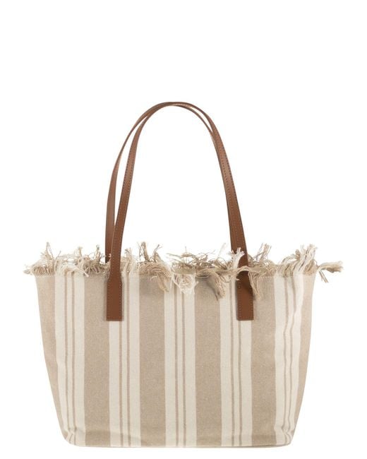 Mc2 Saint Barth Natural Striped Cotton Tote Bag With Leather Handles