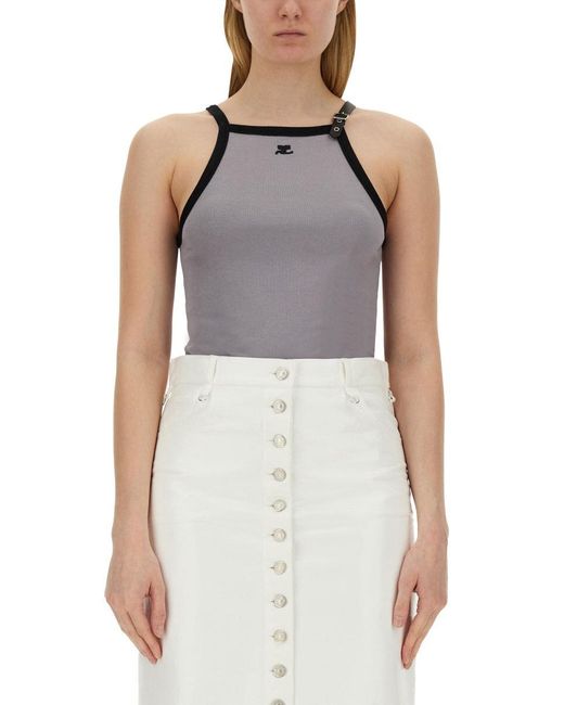 Courreges Gray Fitted Top With Central Logo And Contrasting Trim