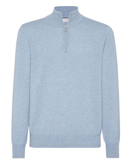 Brunello Cucinelli Blue Cashmere High-Neck Sweater for men