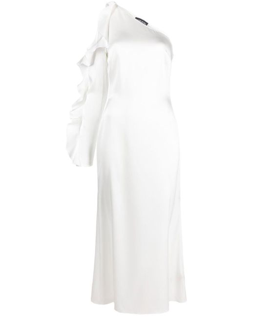 David Koma White Ruffle Detail One Shoulder Midi Dress