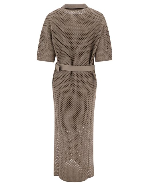Brunello Cucinelli Gray Net Knit Dress With Belt