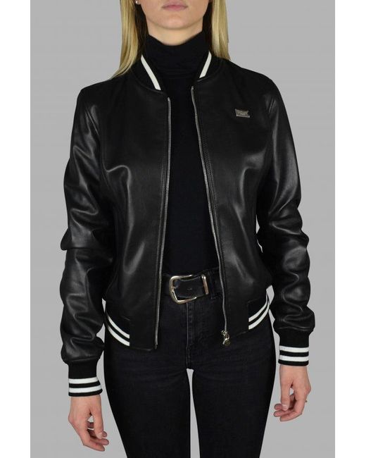Philipp Plein Black Leather Bomber Jacket With Heart