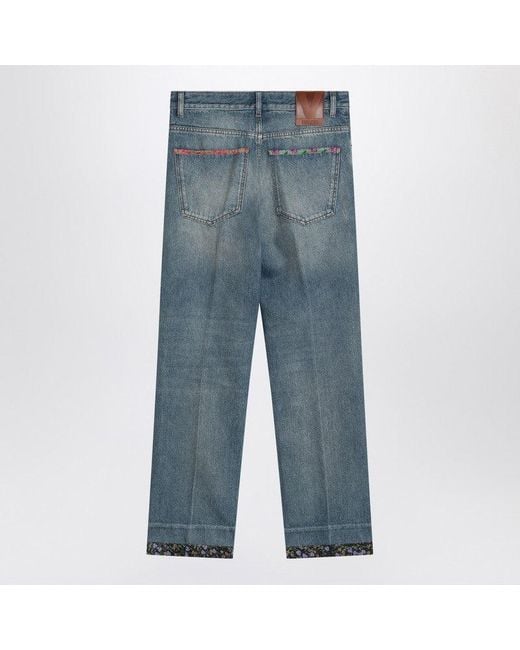 Valentino Blue Washed Jeans With Floral Fabric Trims