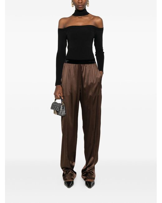 Tom Ford Brown Cinnamon-Colored Stretch Silk Satin Pajama-Style Trousers With Velvet Waistband And Embroidered Logo