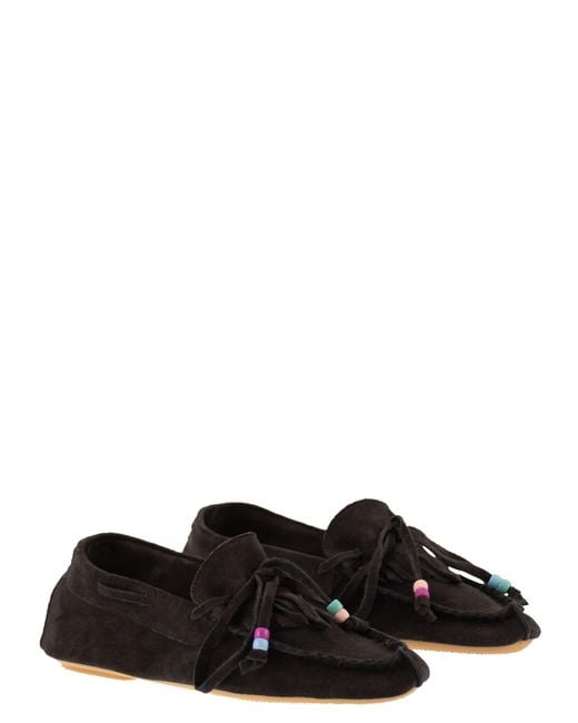 Anniel Black Suede Loafers With Fringes And Decorative Laces