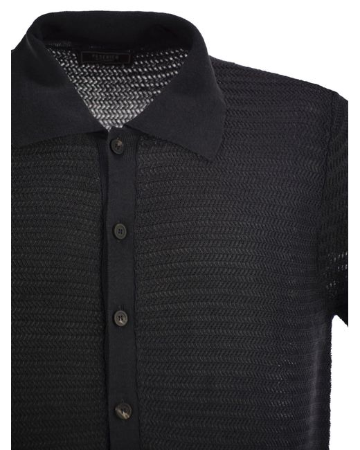 Cárdigan Polo en lino y hilo de algodón Peserico de hombre de color Black