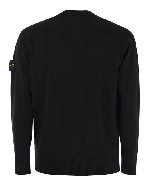 Stone Island Black Crew Neck Jumper With Raglan Sleeves And Ribbed Edges