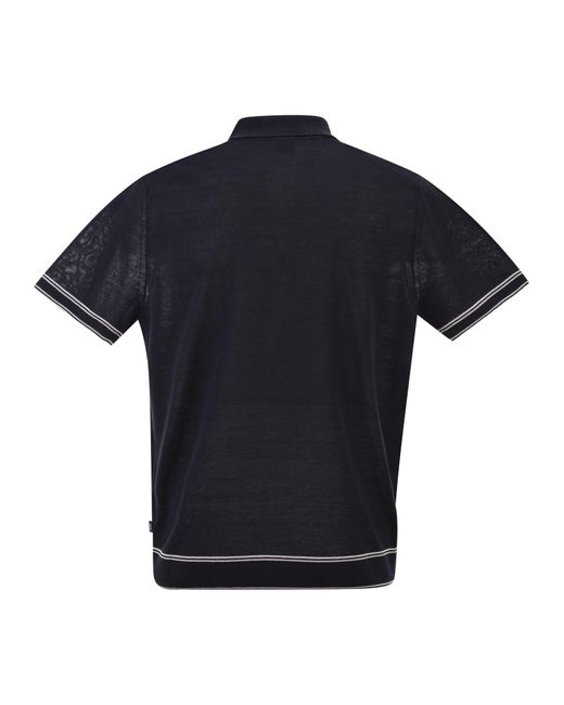 Boss Blue Linen And Viscose Polo Shirt With Zip And Contrast Trims