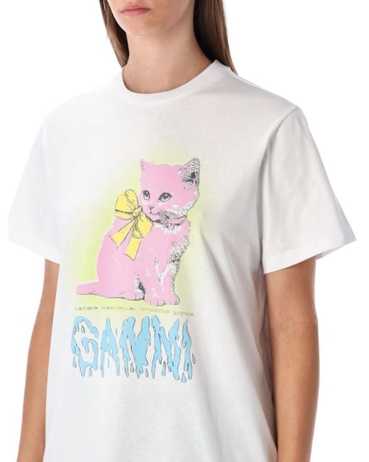 Ganni White Kitty Cotton T-Shirt
