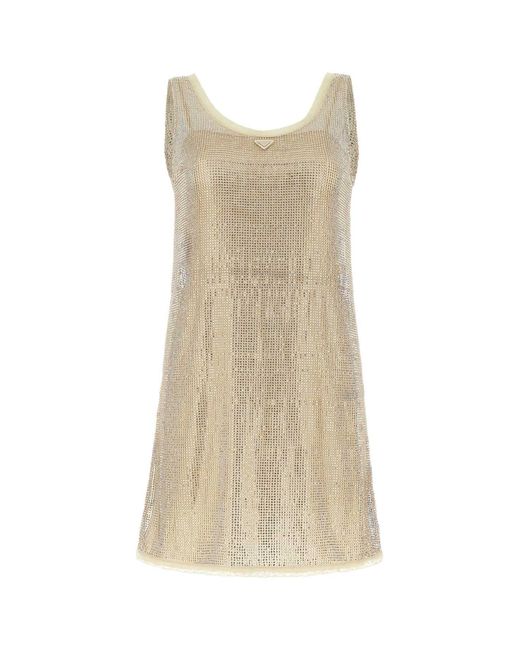 Prada Verfraaide Mesh Mini -jurk in het Natural