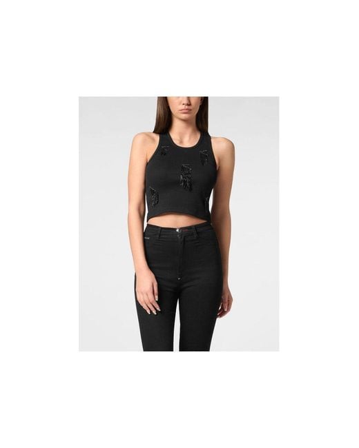 Philipp Plein Black Jersey Rib Tank Top Fringe