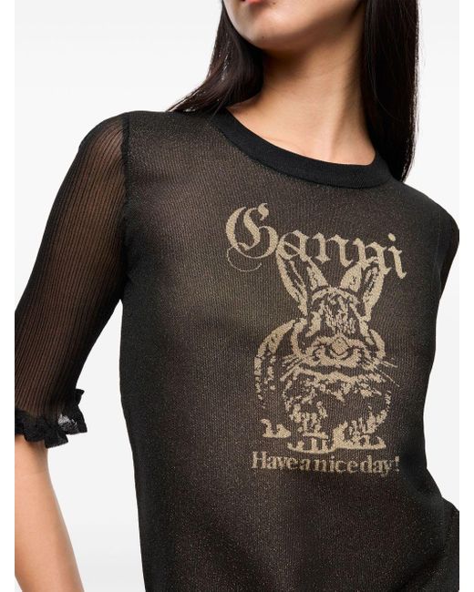 Ganni Black Bunny Crewneck Top