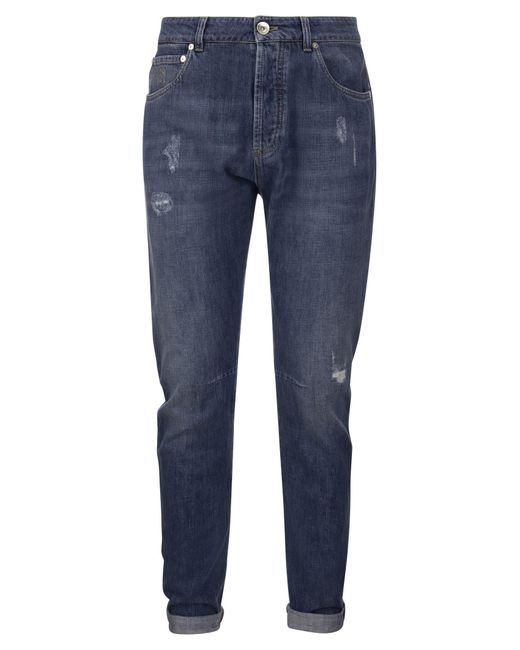Brunello Cucinelli Blue Five Pocket Leisure Fit Trousers In Old Denim With Rips
