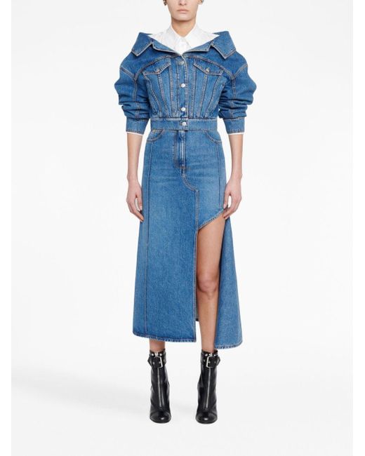 Alexander McQueen Slashed Denim Midi-Rok in het Blue