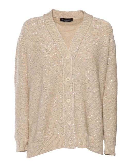 Fabiana Filippi Natural Sequin Cotton Ribbon V Neck Cardigan