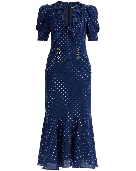 Alessandra Rich Blue Polka Dot Silk Midi Dress