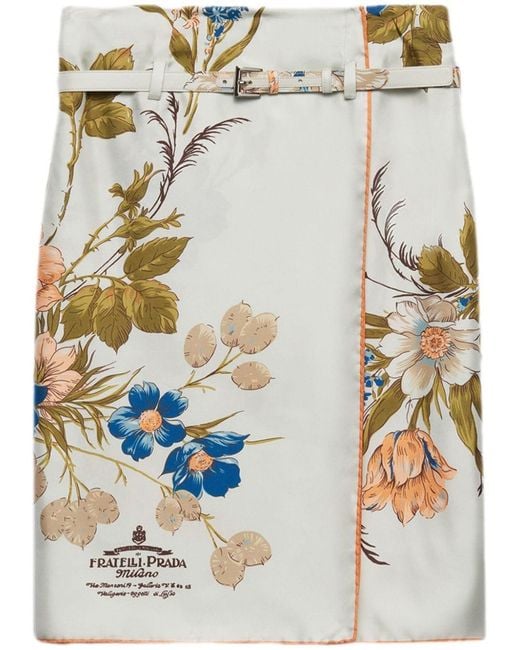 Prada Blue Silk Twill Printed Skirt