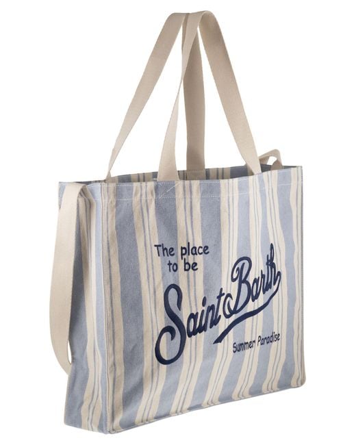 Mc2 Saint Barth White Striped Canvas Tote Bag With Embroidered Logo