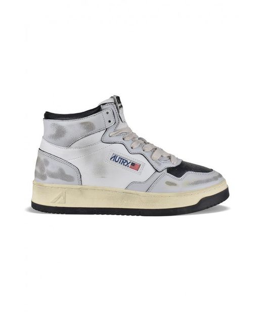 Autry White Vintage-Effect Leather Mid Sneakers for men