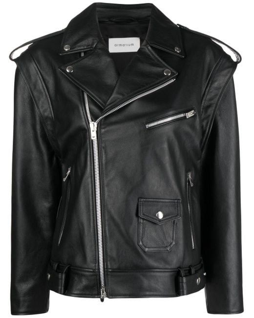 ARMARIUM Black Off-Centre Zip Leather Jacket