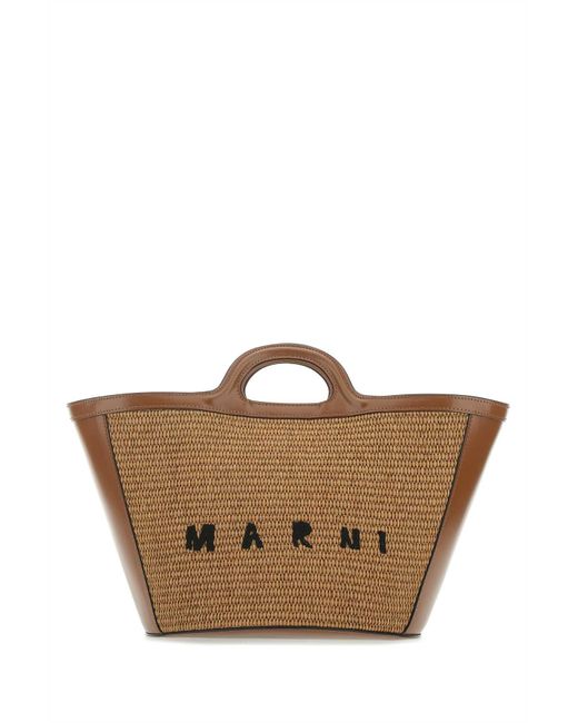 Marni Brown Two-Tone Leather And Raffia Small Tropicalia Summer Handbag