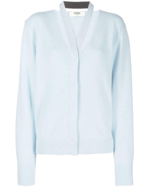 Fendi Cashmere Intarsia Logo V Neck Cardigan in Blue Lyst UK