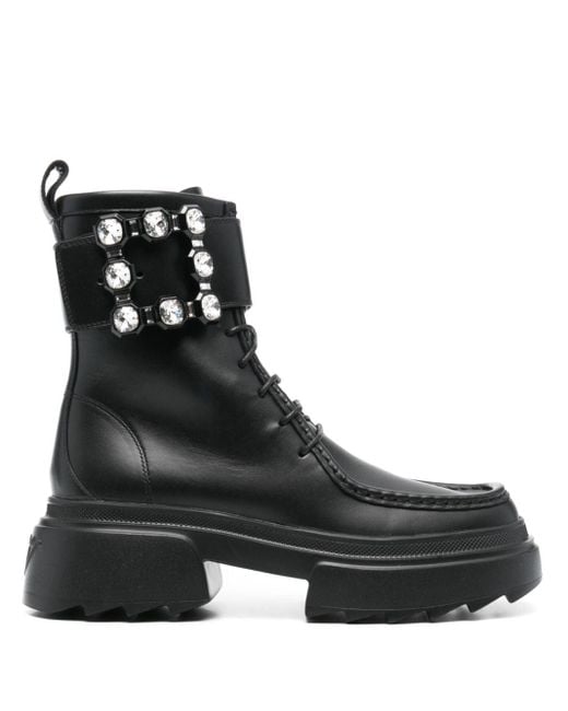 Roger Vivier Black Wallaviv Strass Buckle Leather Boots