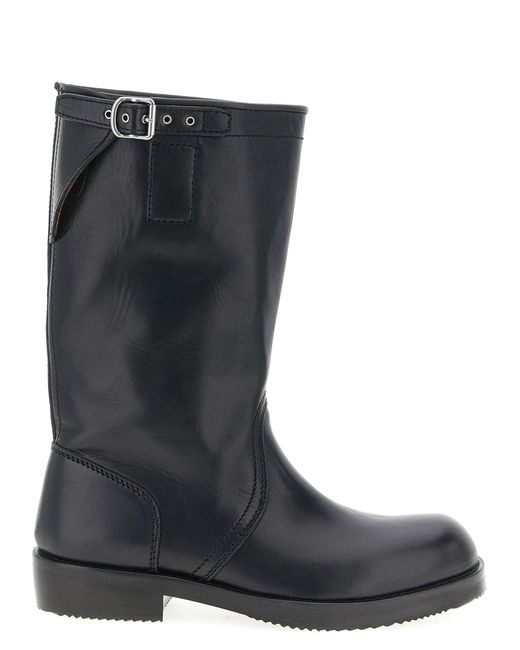 Dries Van Noten Black Calfskin Leather Biker Boots With Adjustable Strap for men