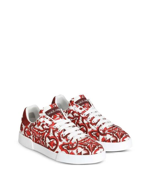 Dolce & Gabbana Red Dolce & Gabbana Portofino Canvas Sneakers With Majolica Print for men