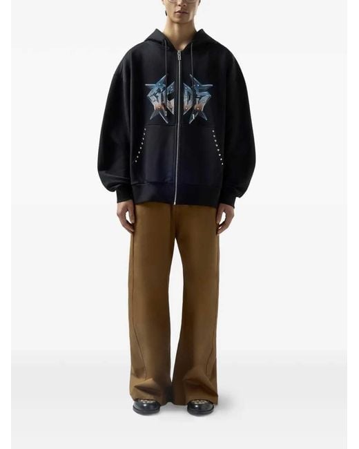 Gcds Black Graphic Print Sweatshirt With Zip And Hood