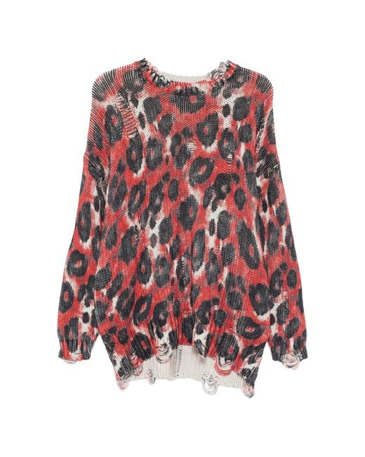 R13 Red Distressed-Trim Leopard-Print Sweater