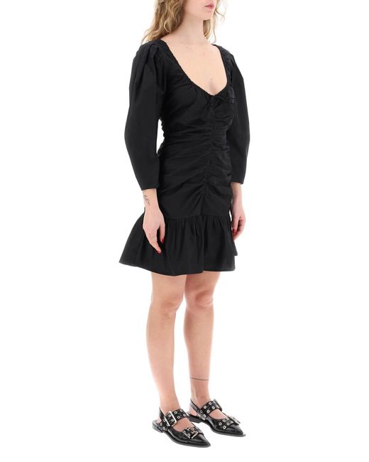 Ganni Mini Poplin -jurk Met Gebogen Mouwen in het Black